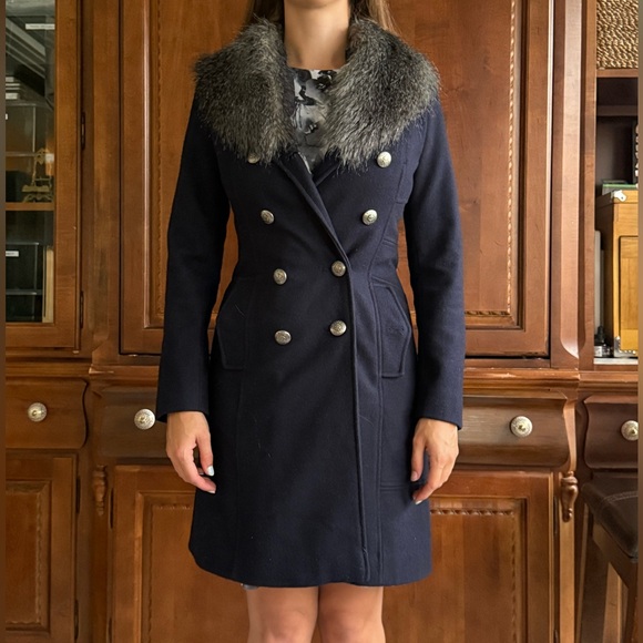 Guess Double-Breasted Navy Coat with Faux Fur Collar - Picture 1 of 6